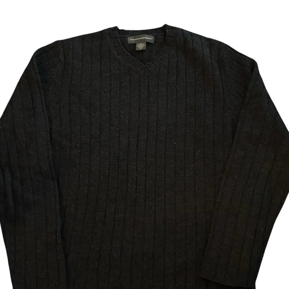 Vintage Banana Republic V Neck Wide Ribbed Wool Sweater Gray Medium Hong Kong